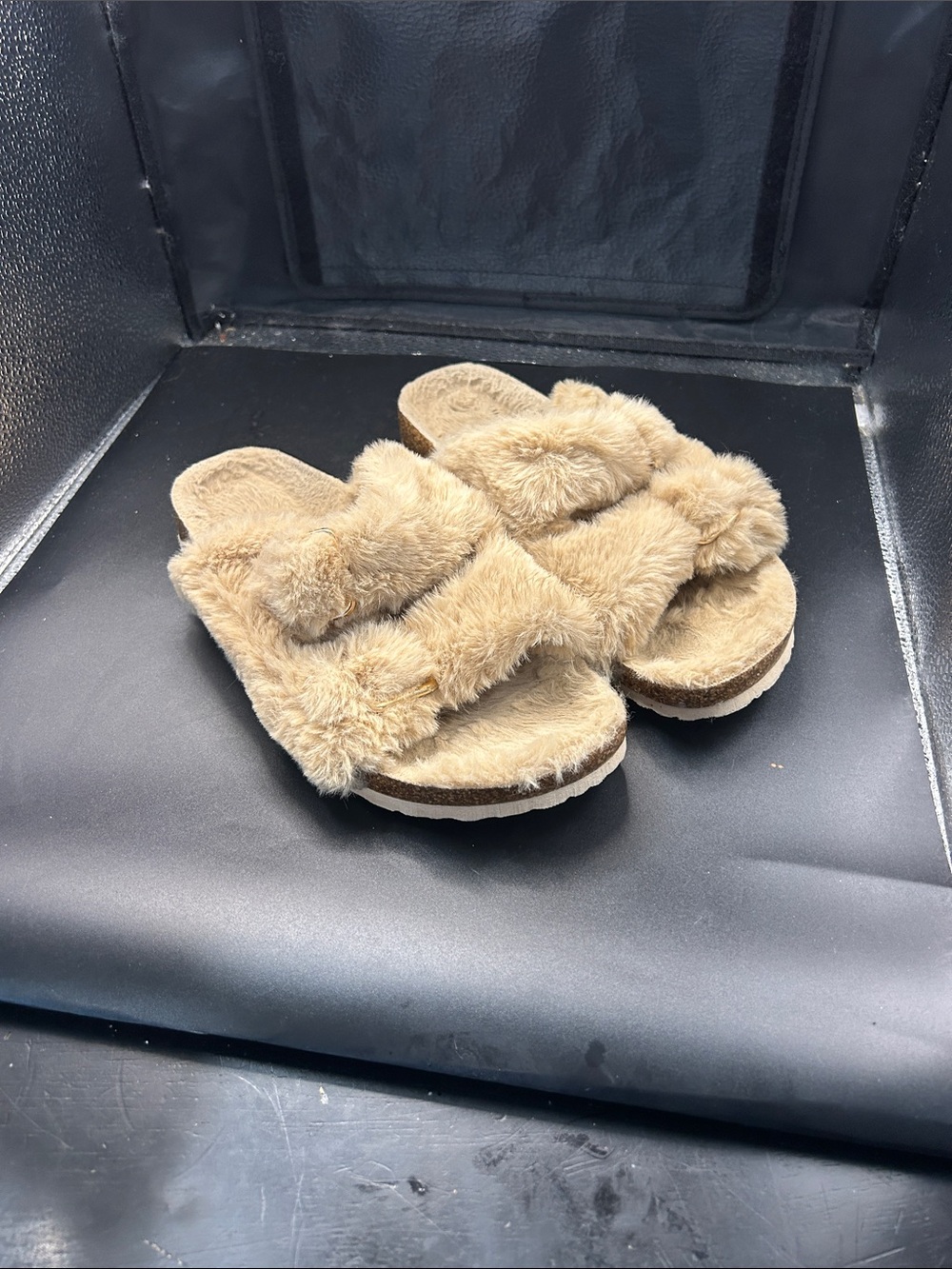Women's Plush Double-Strap Slide Sandals in Tan